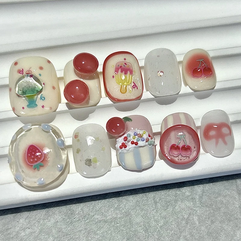 Summer Press On Nails Handmade Cute Ice Cream Strawberry Translucent Jelly Short Round Wear False Nail Patches Removable
