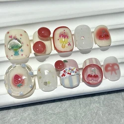 Summer Press On Nails Handmade Cute Ice Cream Strawberry Translucent Jelly Short Round Wear False Nail Patches Removable
