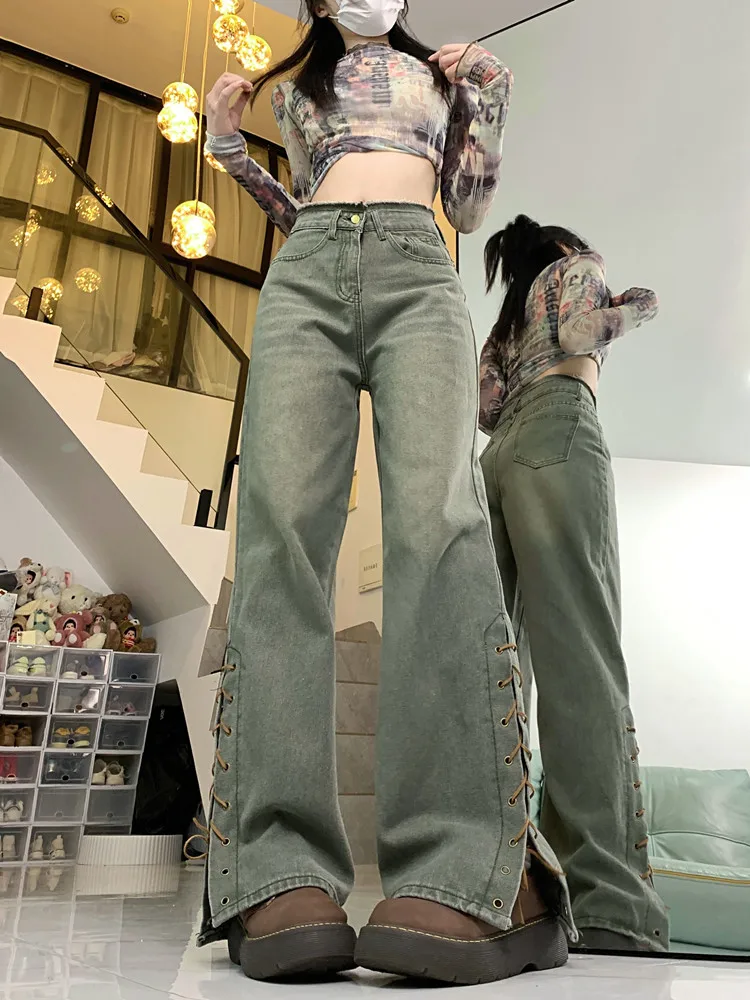 Women Green Baggy Jeans Harajuku Y2k Denim Trousers Lace-up High Waist Cowboy Pants Vintage Aesthetic 2000s Trashy Clothes 2024