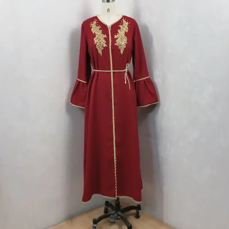 Vestido feminino com gola v babados manga pérola, Abaya muçulmana elegante, roupeiro kaftan marroquino, kaftan islâmico, vestidos de Dubai, vestido