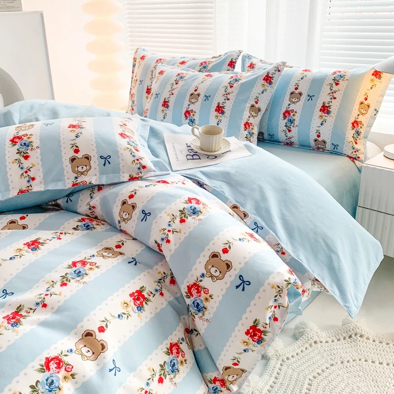 Cartoon Bear Duvet Cover Set, Red Plant Flower Comforter Cover, Students Childrens Adults Blue Bedding with Bed Sheet Pillowcase