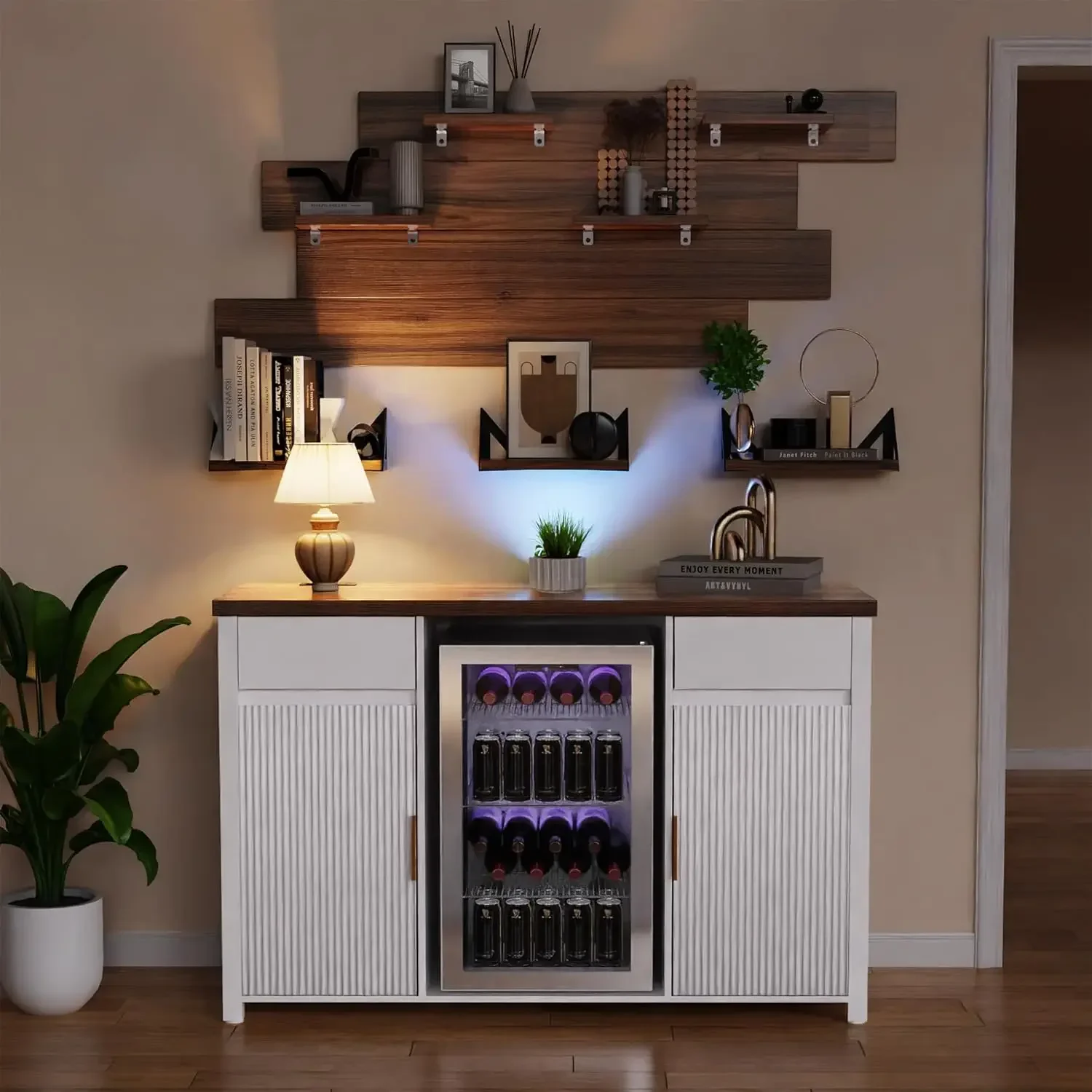 Large Coffee Bar Cabinet Fridge Space Mini Fridge Cabinet Wine Storage Buffet Sideboard Table Home Fluted Modern Design 532 Inch