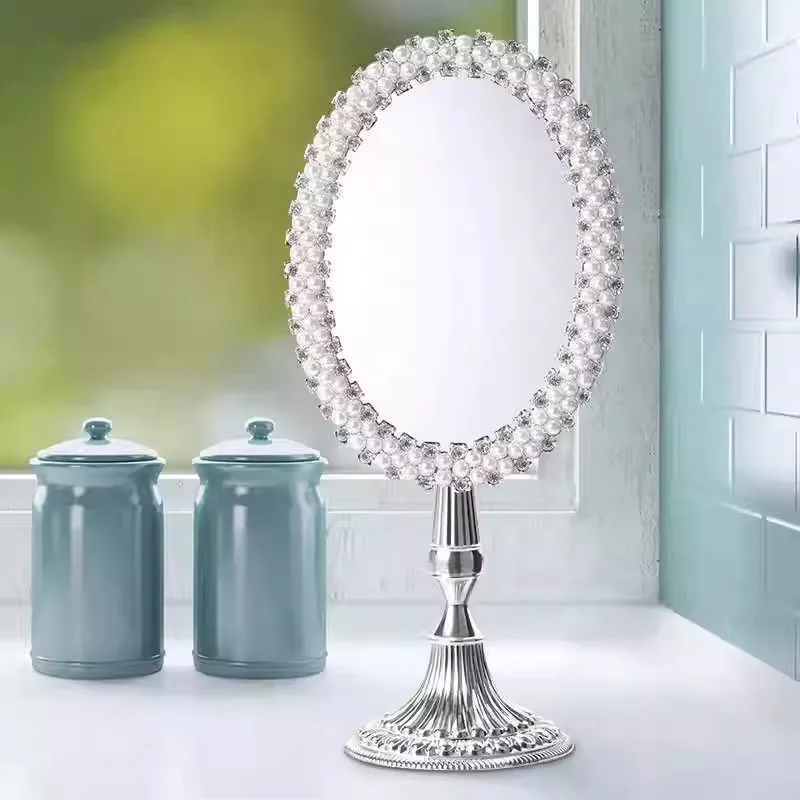 

Fashion Silver Plated Single Face Oval Desktop Metal Makeup Mirror Frame Mirror With Pearl Decor Table Mirror J008