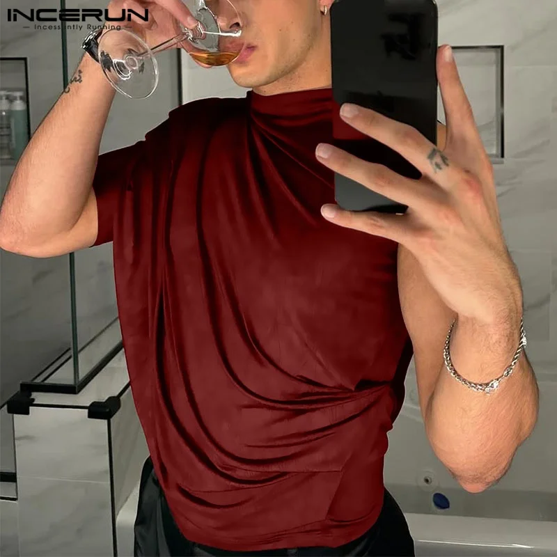 

INCERUN Men Irregular T Shirts Solid Color O-neck One Short Sleeve Pleated Men Clothing Streetwear 2025 Hollow Out Camisetas
