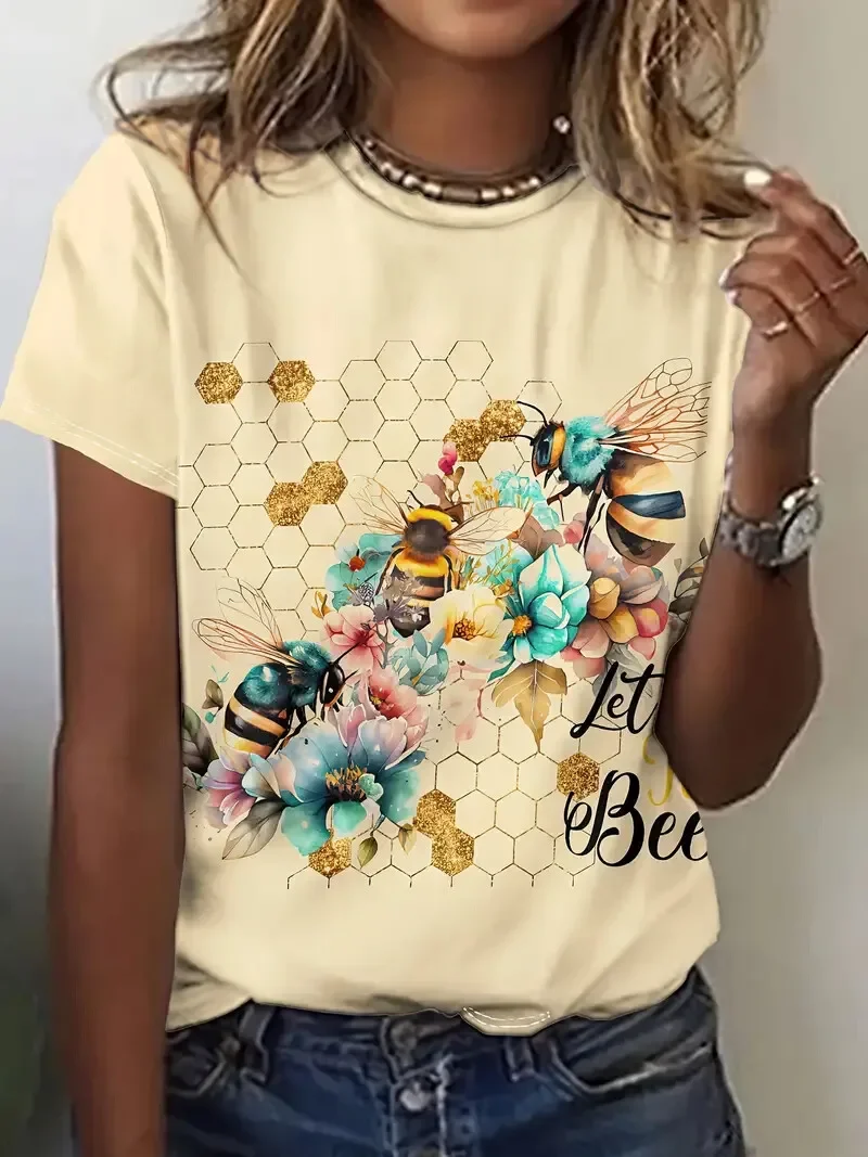 

Plus Size Casual Women's T-Shirt Summer Round Neck Short Sleeve Bee Floral Pattern Print Outdoor Female Fashion Clothing