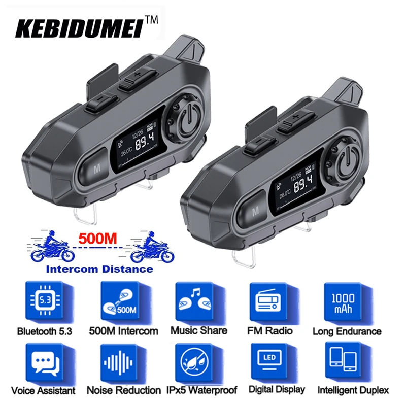 

FM + Bluetooth 5,3 мотоциклетный шлем, домофонная гарнитура, 500 м, беспроводной домофон, музыкальный доступ, мото, водонепроницаемый комплект громкой связи