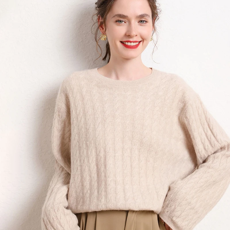 Birdtree,Cashmere Loose Sweater,Women's Knitting Fried Dough Twists Is Slim, 2024 Autumn And Winter New Top T48902KE