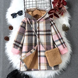 Girls' Autumn and Winter Thickened Warm Mid-Length Jacket Plaid Button Fleece Hooded Jacket & Crossbody Bag