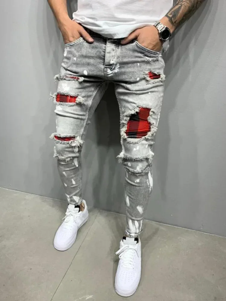 Mężczyźni Biker Slim Elastic Denim Cargo Pants Joggers High Quality Hole European and American Fashion Streetwear Ripped Skinny Jeans