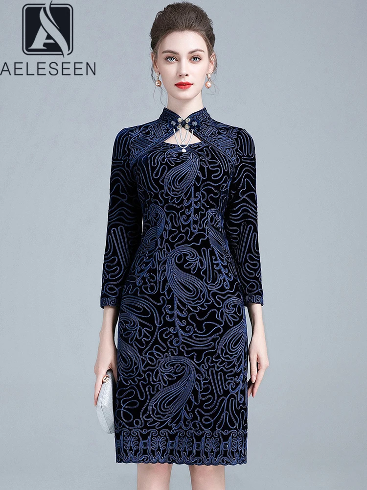 

AELESEEN Navy Blue Midi Dress Women Spring Autumn Design Fashion Hollow Out Beading Luxury Flower Embroidery Sequined Claret