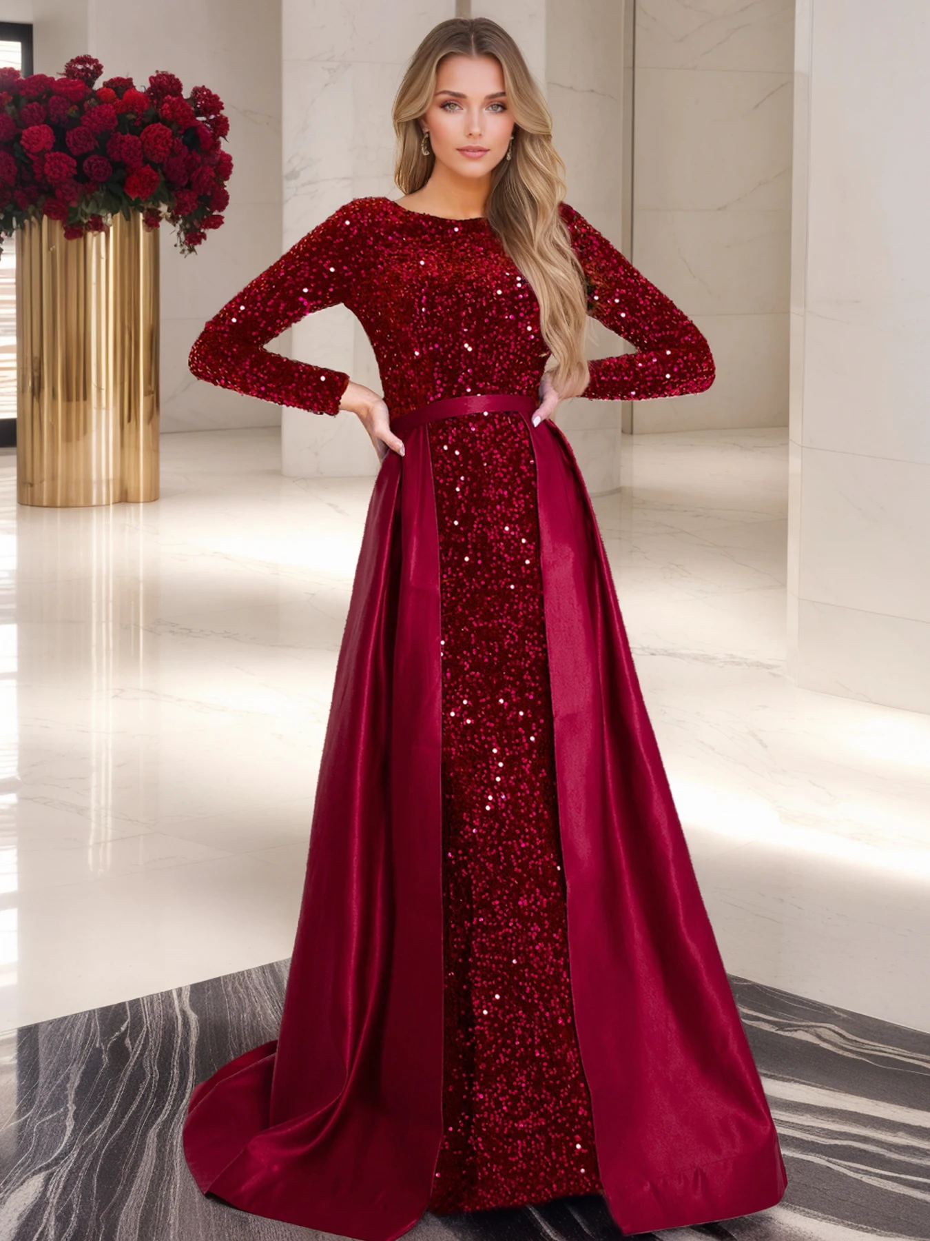 Romagic Modest Stretch Sequin Full Sleeve Evening Party Gown Mermaid Formal Prom Dress Detachable Train Elegant Dresses 2024