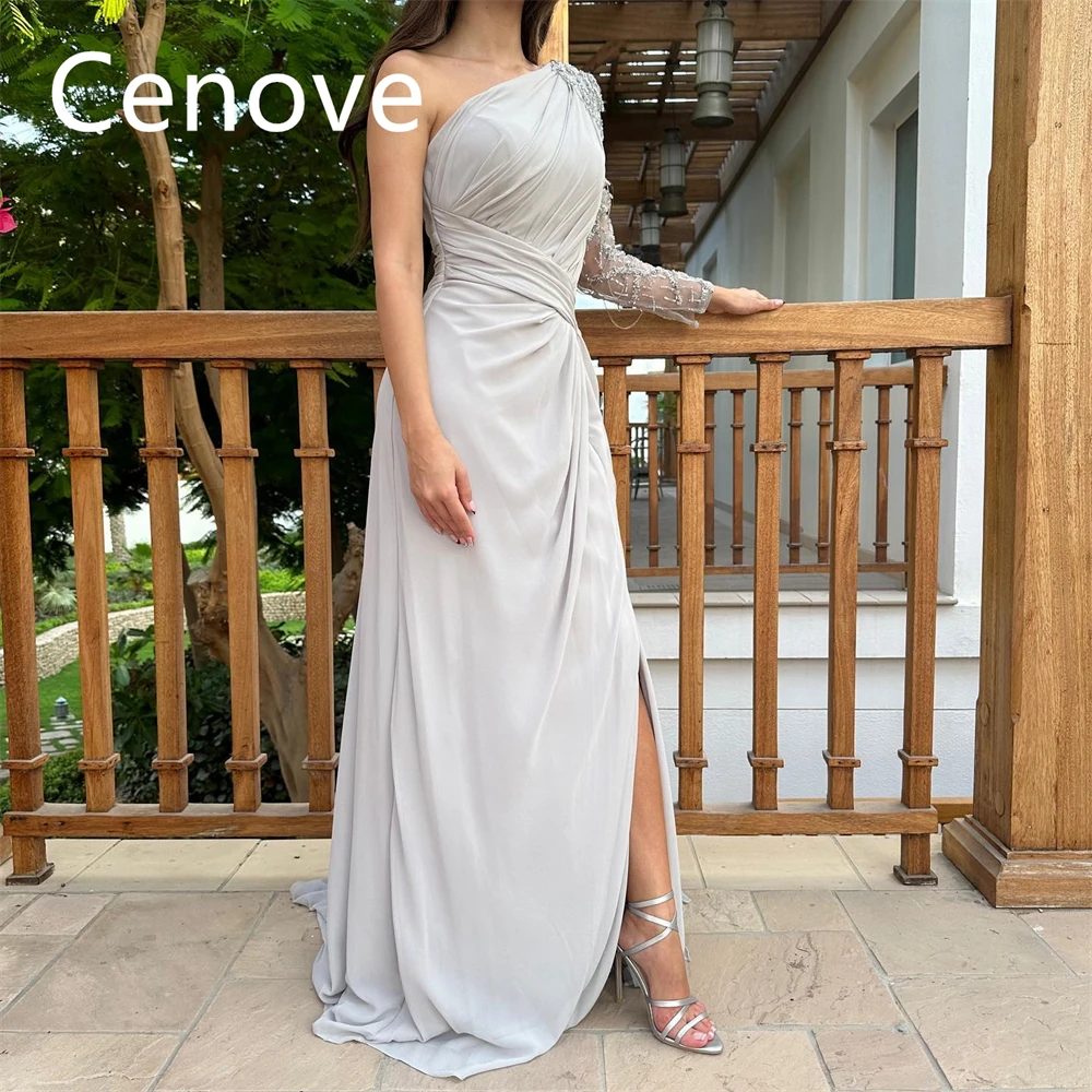 

Cenove One shoulder Split Prom Dress Floor-Length With Long Sleeves Evening Summer Party Dress For Women2023