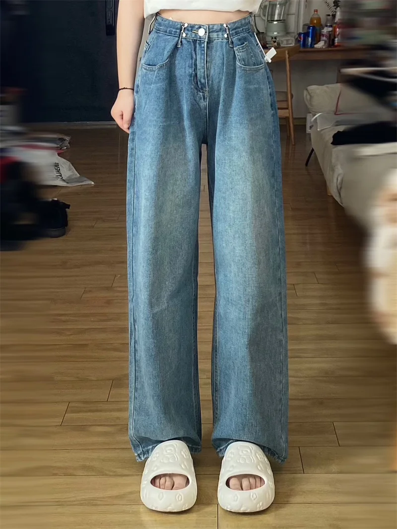 جينز نسائي عالي الخصر قابل للتعديل بأرجل واسعة أنيق بتصميم عتيق عالي الشارع Sle لصيف 2025 سروال دينم متعدد الاستخدامات للتخسيس