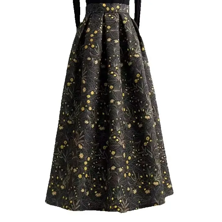 High Quality New Autumn Winter Vintage Printing Ultra Long A-line Skirt All-match High Waist Elegant Big Bottoms Puffy Skirts