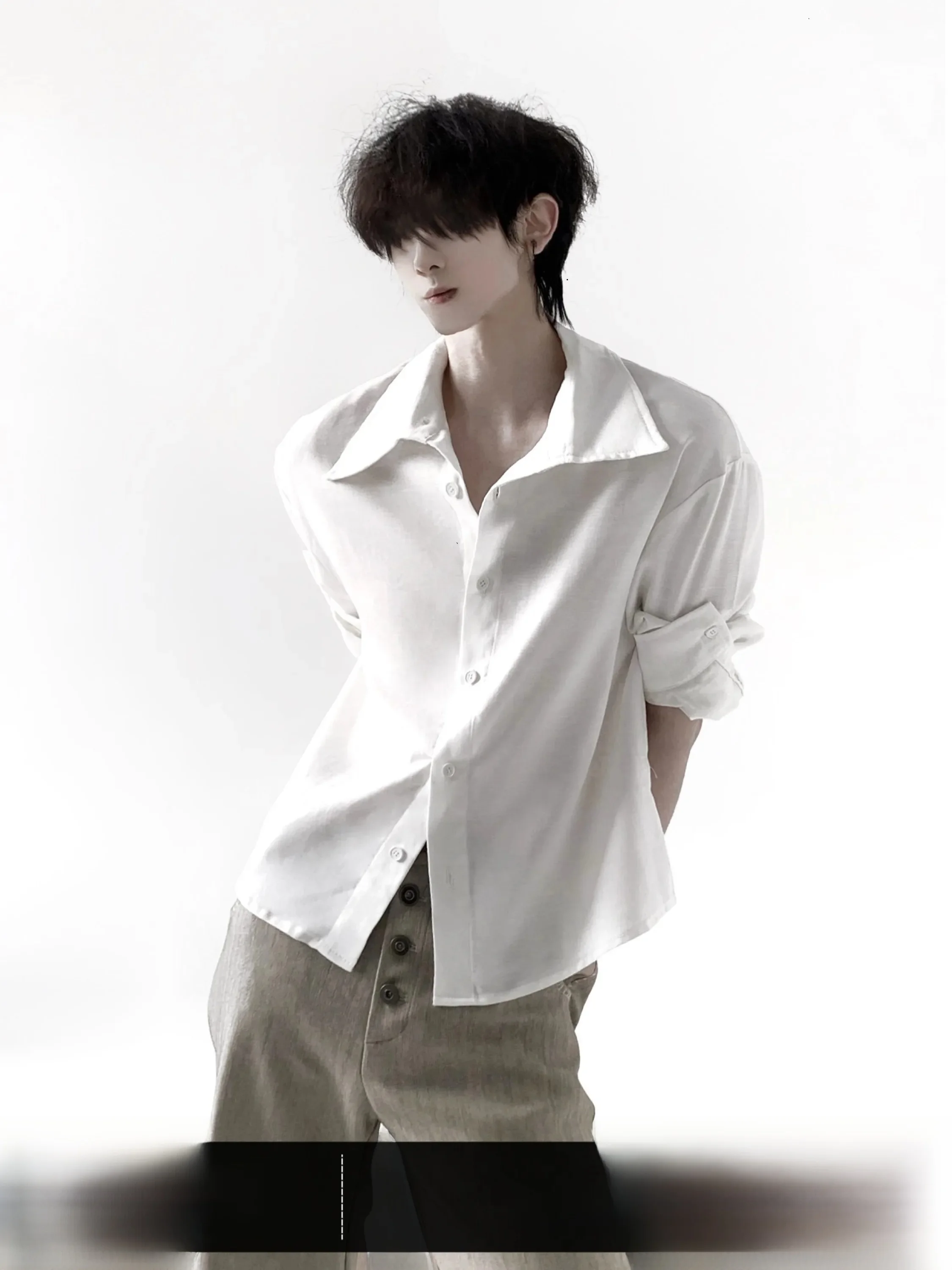 Autumn Mountain Style Men's Slim Fit Shirt  Linen Roll up Sleeve High Intelligence Quotient Clean Fit Long Sleeve Shirt