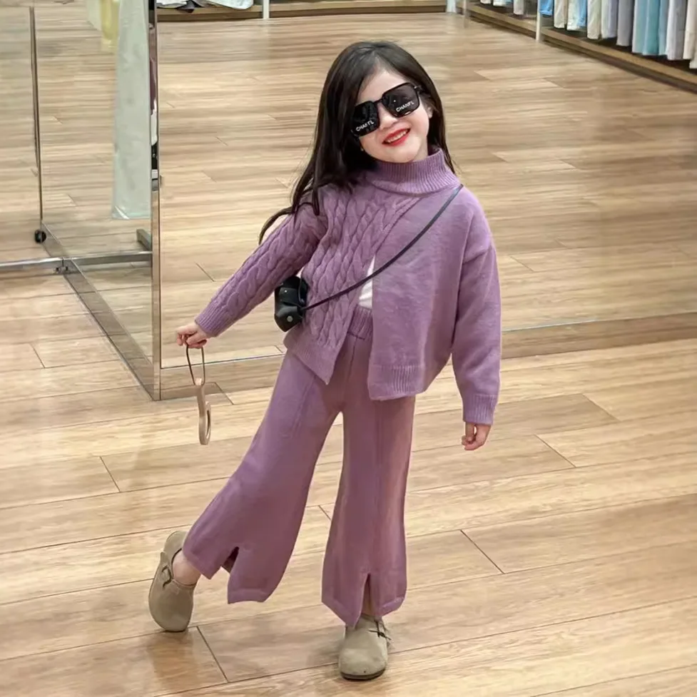 

Korean Children's Clothing Girls Sweater Set 2025 Autumn Winter Purple Front Split-ended Round Neck Flared Pants Two-piece Set