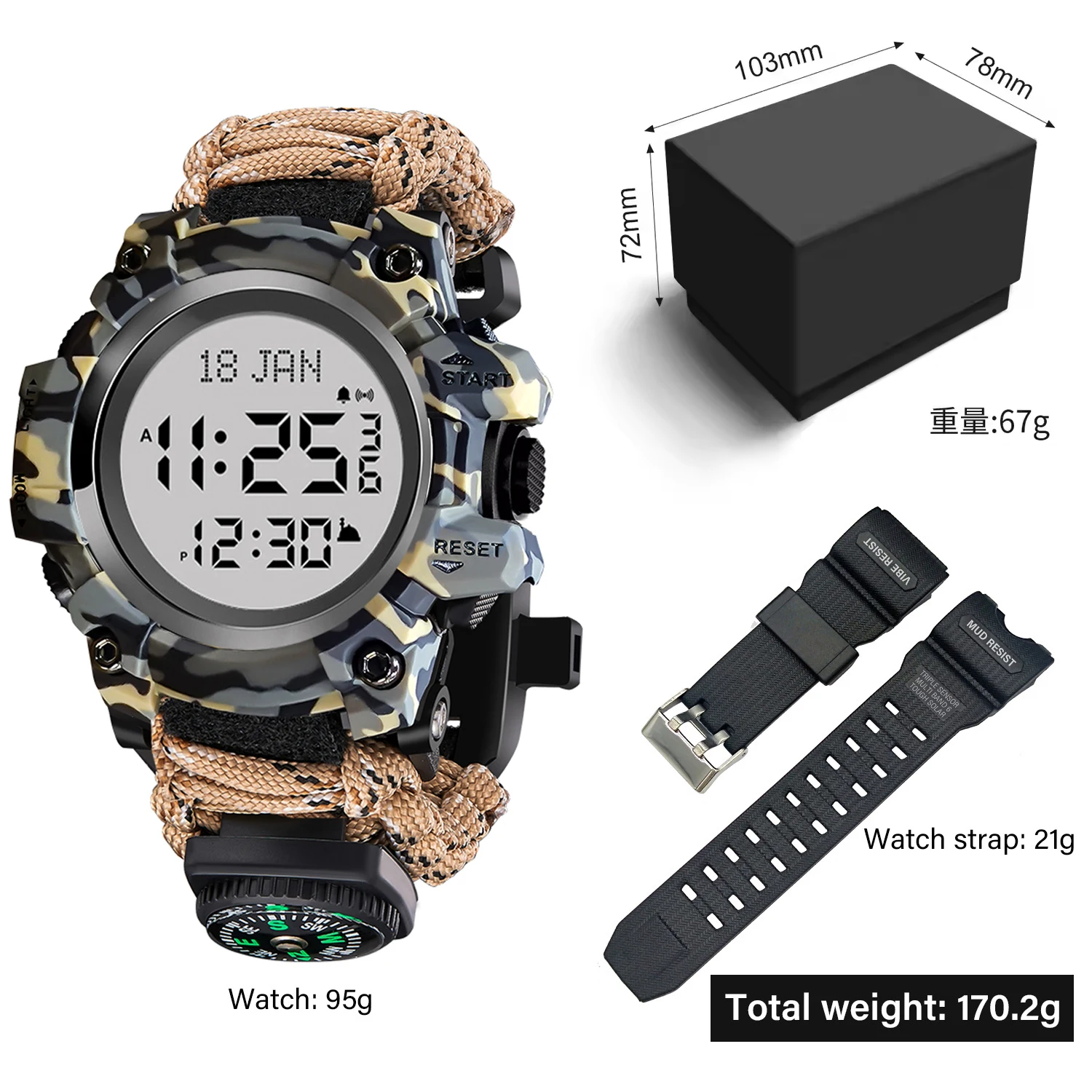 ساعة صلاة إسلامية للرجال ساعة أذان بوصلة متعددة الوظائف ساعة يد رقمية مضيئة مقاومة للماء ساعة نجاة خارجية #2