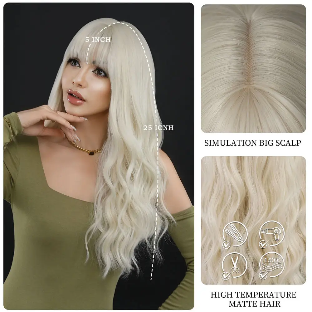 Platinum blonde Layered Long Wavy Costume Wigs With Bangs Synthetic Hair Synthetic