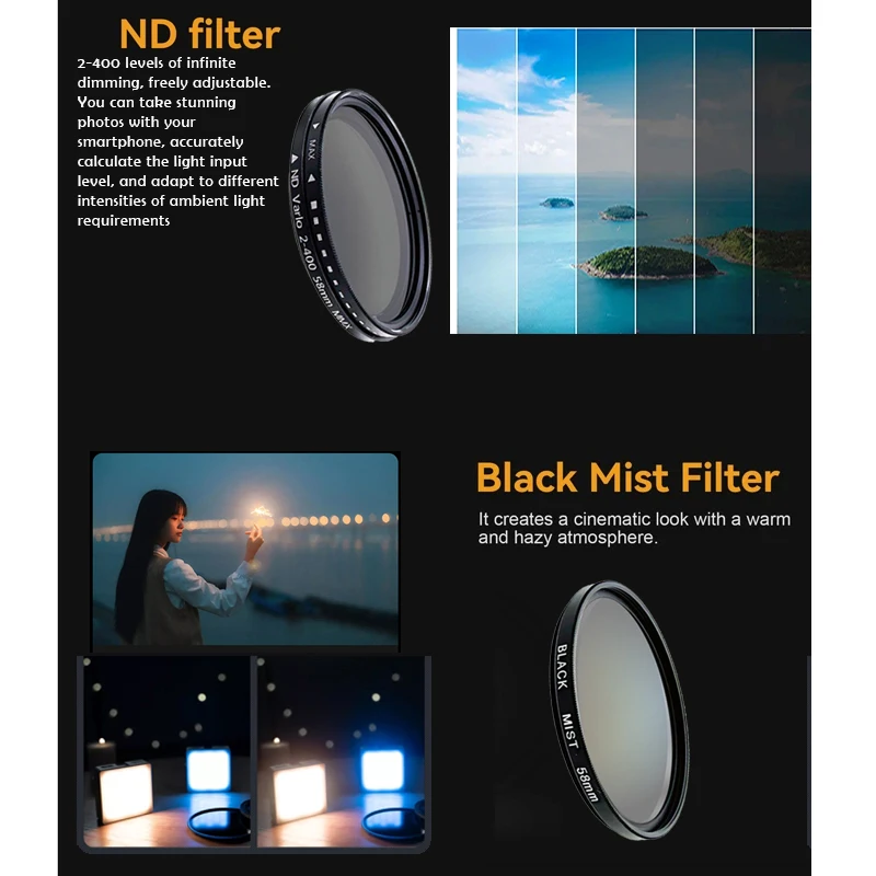 Ultracienki filtr CPL 58 mm ND Star UV Black Mist z metalowym klipsem do gorącej stopki do iPhone'a, aparatu fotograficznego i aparatu fotograficznego