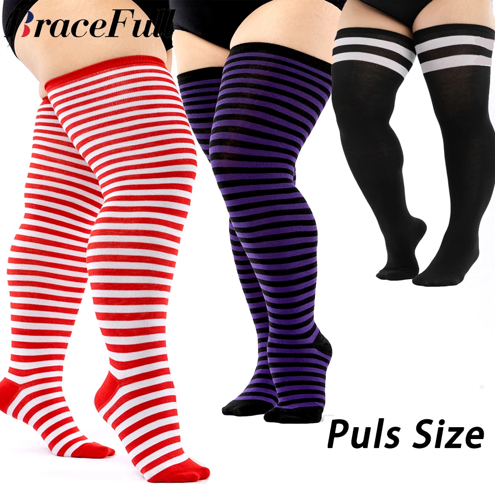 1Pair Plus Size Women's Striped Stockings Thigh High Socks Ladies Over Knee Socks Autumn Winter Skirt Warm Christmas Gifts