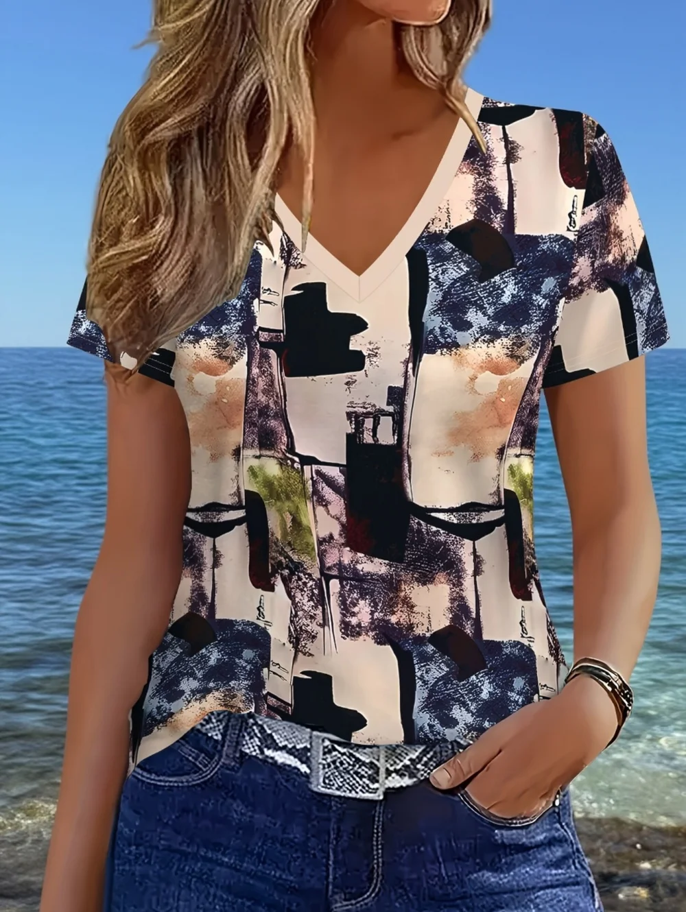 Retro women's 3D checkered printed T-shirt V-neck short sleeved T-shirt Y2k fashionable men's top street wear women's clothing