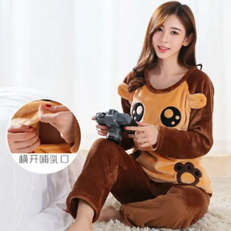 Maternity Feeding Pajamas Sets Winter Postpartum Women Nursing Clothes Set Fashion Cartoon Lactation Coat Long Trousers Twinset