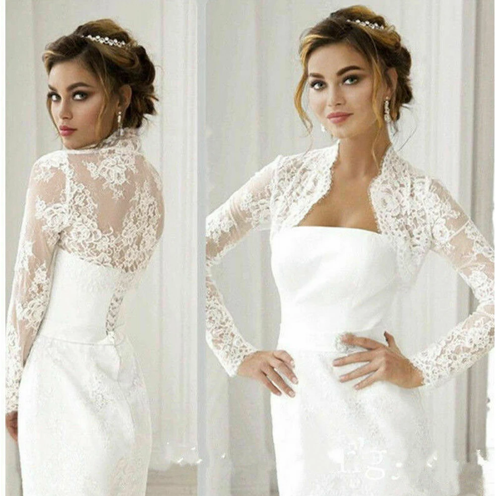 2022 New Wedding Bolero Long Sleeve Bridal Jackets Lace Top White Ivory Wraps Bride Jacket