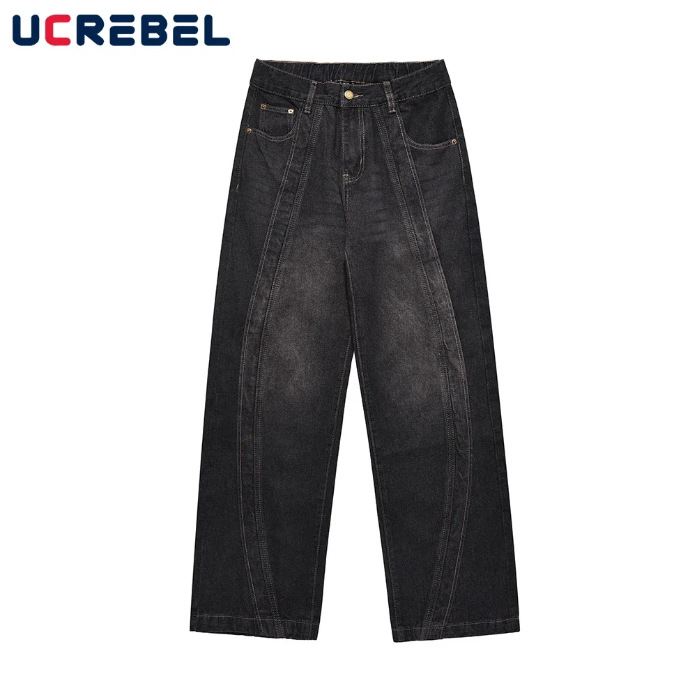 

Retro Spliced Loose Denim Pants Mens Washed Casual Wide Leg Straight-leg Jeans Men Autumn Trousers