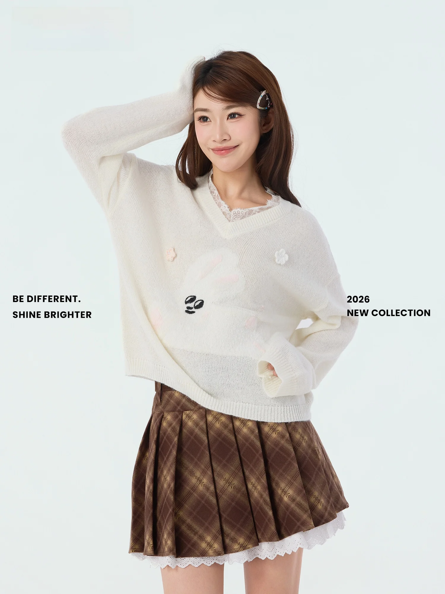 

Didimax Spring New Sweet Sle V-ne Long Sve Knitted Sweater Women's Lace Trim Splicing Loose Fit Comfortable White Sweater