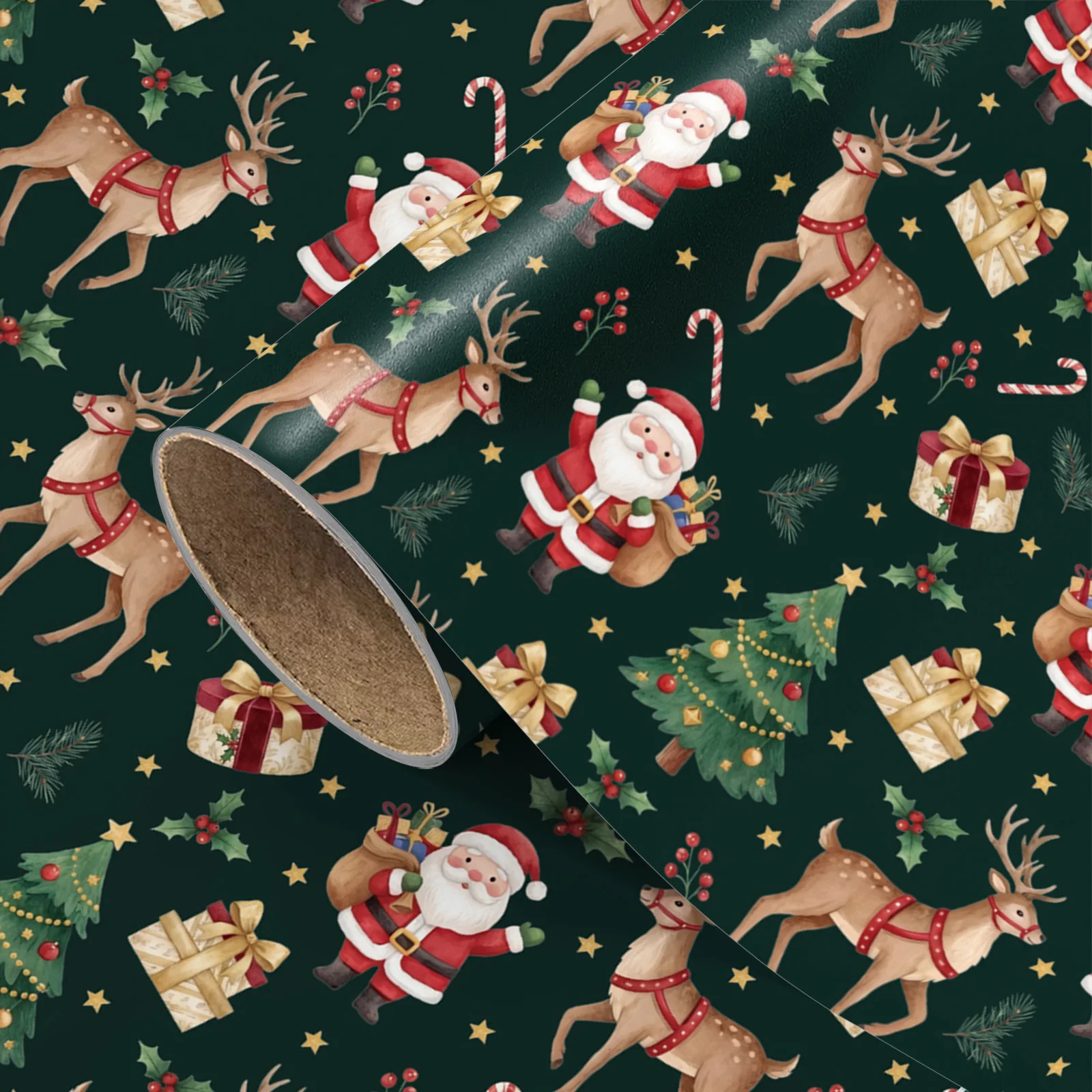 1 Rolle Geschenkpapier für Weihnachten und Neujahr, klassischer dunkelgrüner Hintergrund im Aquarellstil, Weihnachtsmann, Rentier, Weihnachtsbaum, Geschenkbox, Zuckerstange, Sternmuster, Dekoration