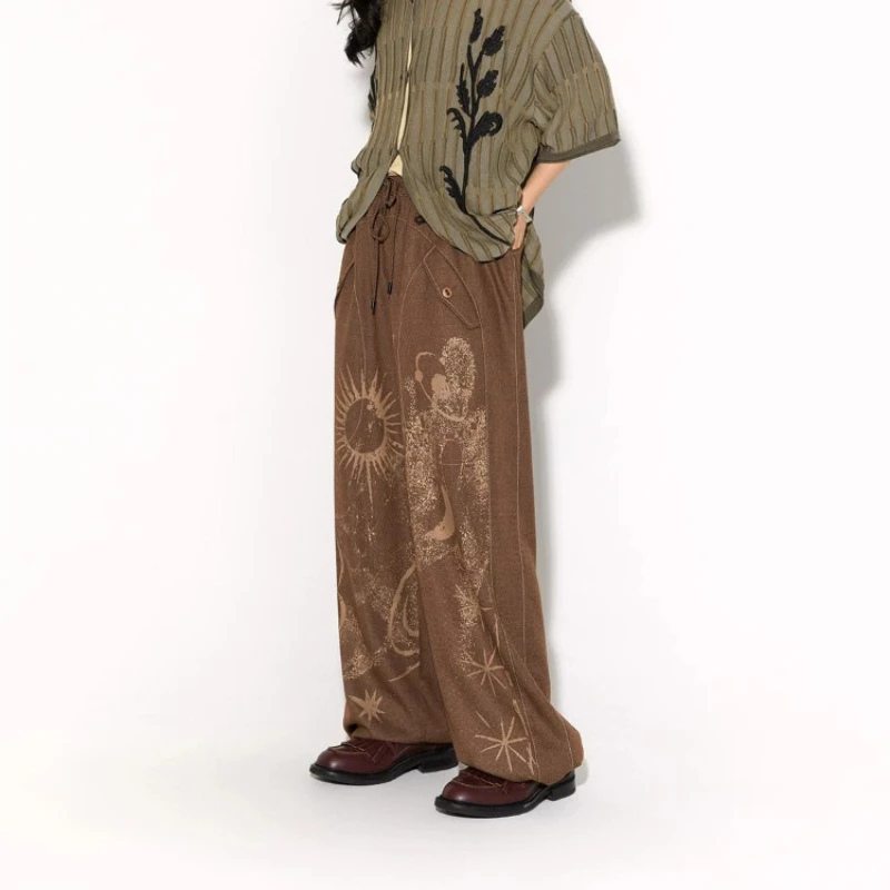 

Brown Retro Drawstring Sweatpants Women Autumn Printed Loose Casual Wide Leg Pants Fashion Basic Street Style Female Clothing