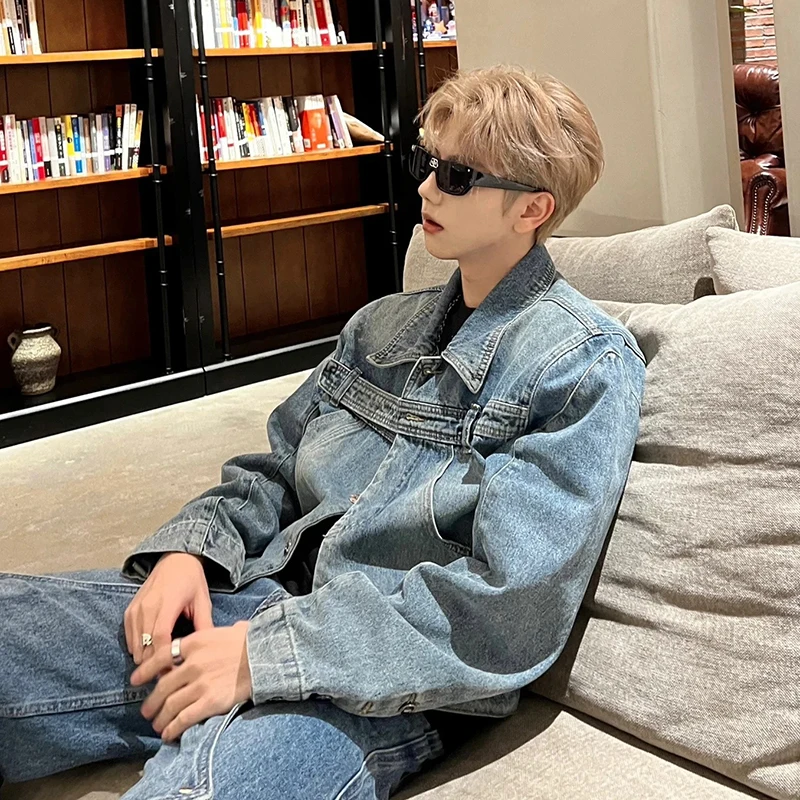 

Деконструированная джинсовая куртка-пэчворк синего цвета для мужчин: модный дизайн, весна-осень, рабочая одежда, премиальное качество, деним с эффектом потертости