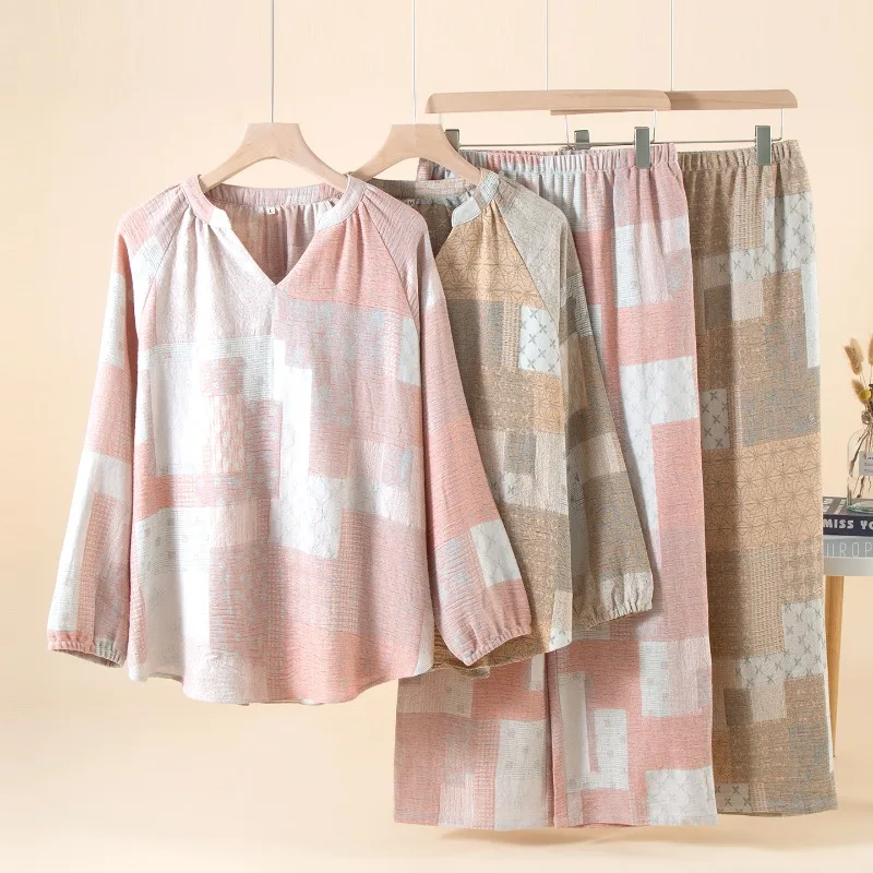

Retro Splicing Cotton and Linen Women's Pajamas Thin Long-sleeved Trousers Loose Loungewear Autumn V-Neck Nightwears for Ladies