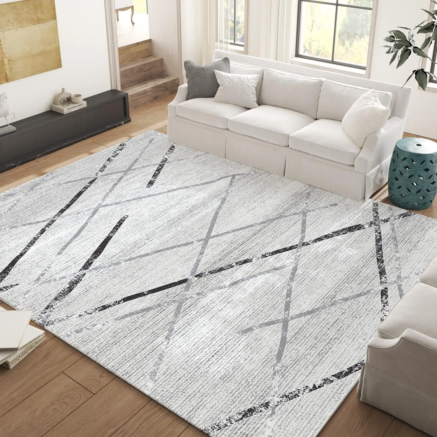 Jinchan Area 9X12 Moroccan Grey Thin Modern Geometric Accent Soft Indoor Non Slip Gray Carpet Kitchen