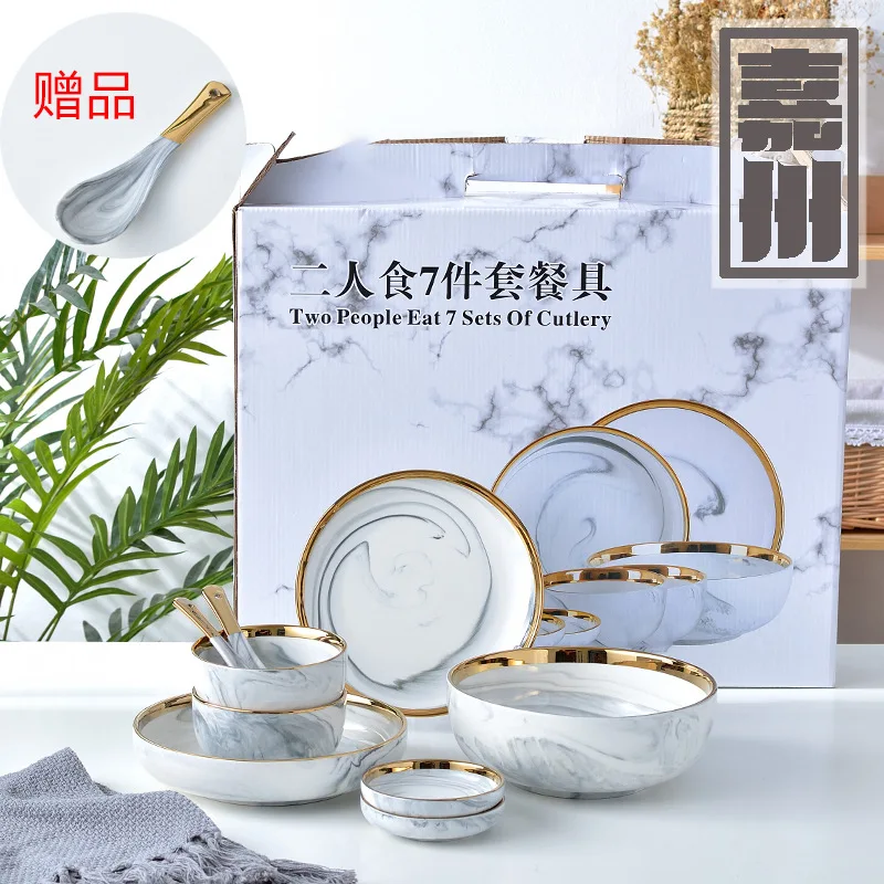 Tableware spoon feeding Nordic tableware set for 2 people Household ceramic dishes Phnom Penh marble dishes set