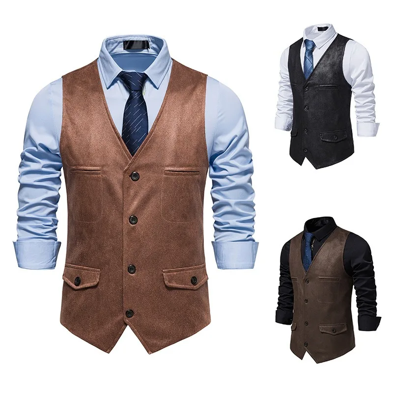 European American Style Mens Suede Vest Casual Single Breasted V-Neck Waistcoat Trendy
