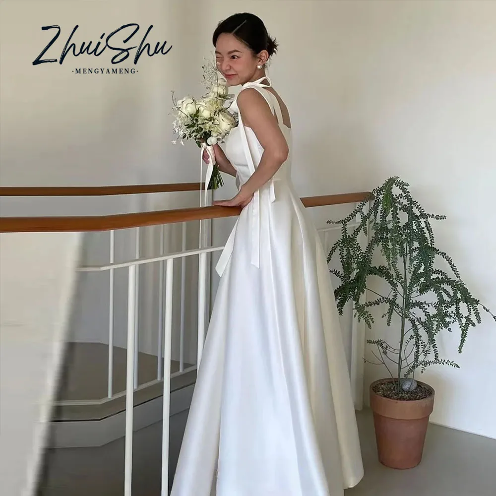 Simple White Silk Satin Wedding Dresses Spaghetti Strap Bow Bridal Gowns Korea Wedding Dresses Photo Shoot Customized 웨딩드레스