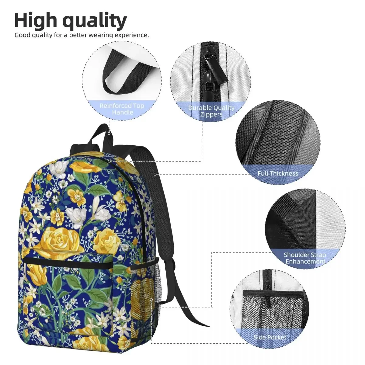 Elegant Yellow Roses On Blue Texture Backpack Boys Girls BookBag Kids School Bag Laptop Shoulder Bags for Men Women