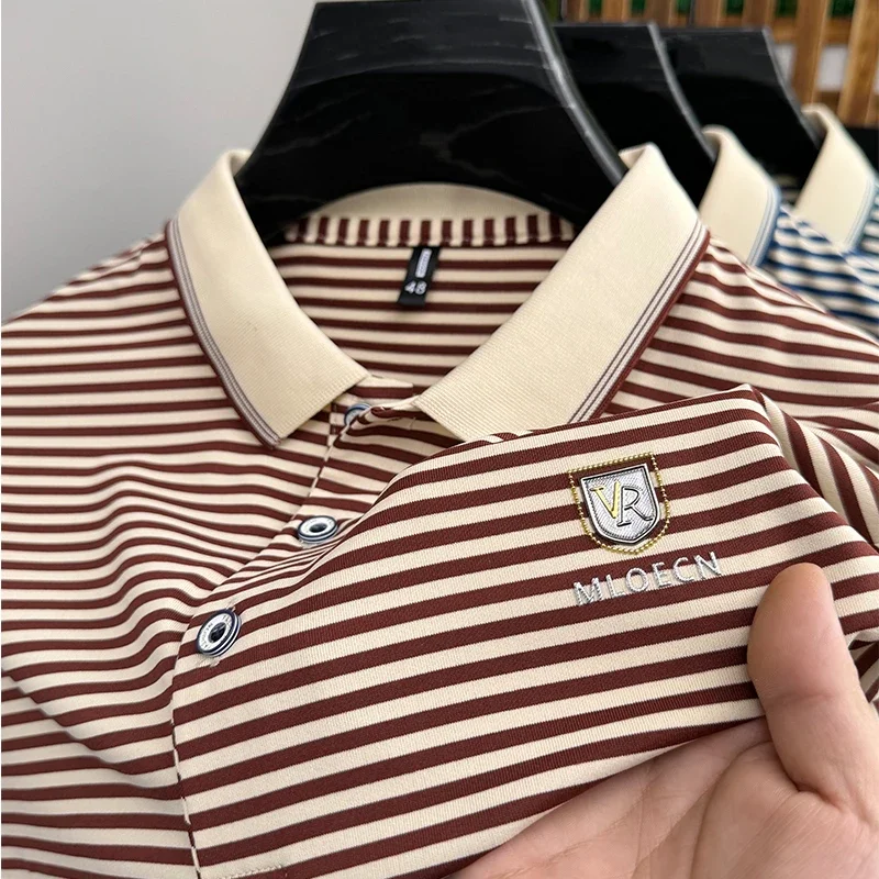 2024 Men\'s New Striped Cotton Business Casual Short Sleeved POLO Shirt Fashion Short Sleeved Comfortable and Breathable Top