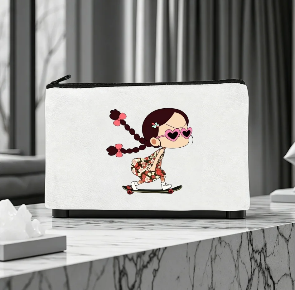 1PC Double-sided Canvas Pouch Cool Skateboarding Girl Print Zipper Cosmetic Storage Bag