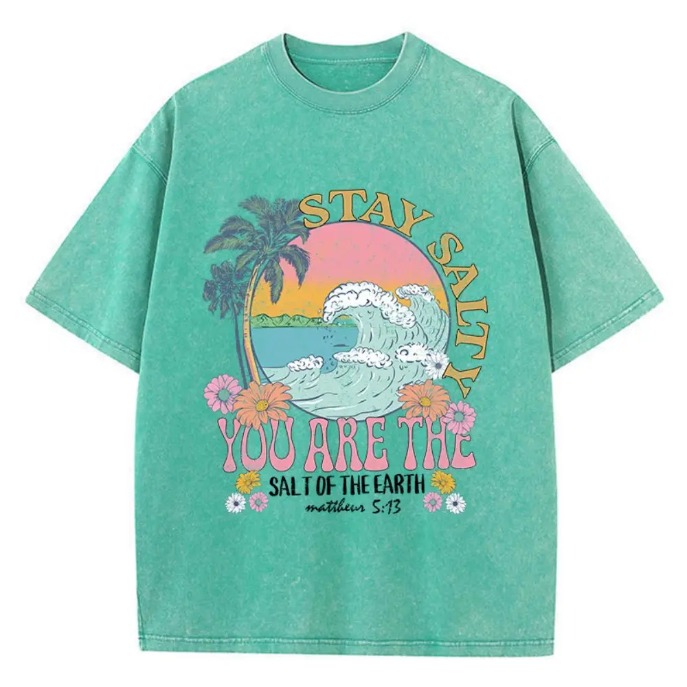 Summer Woman Cotton Washed T-Shirts Stay Salty You Are The Salt Of The Earth Printed Tops Loose O-Neck Vintage Female Clothes