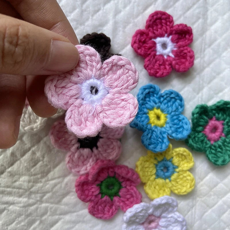 7PCS Colorfull Handmade Cotton Crochet Flower 3.7CM  Scrapbook DIY Craft  Fabric Sew-on Patch Garment Knitted Headwear Accessory