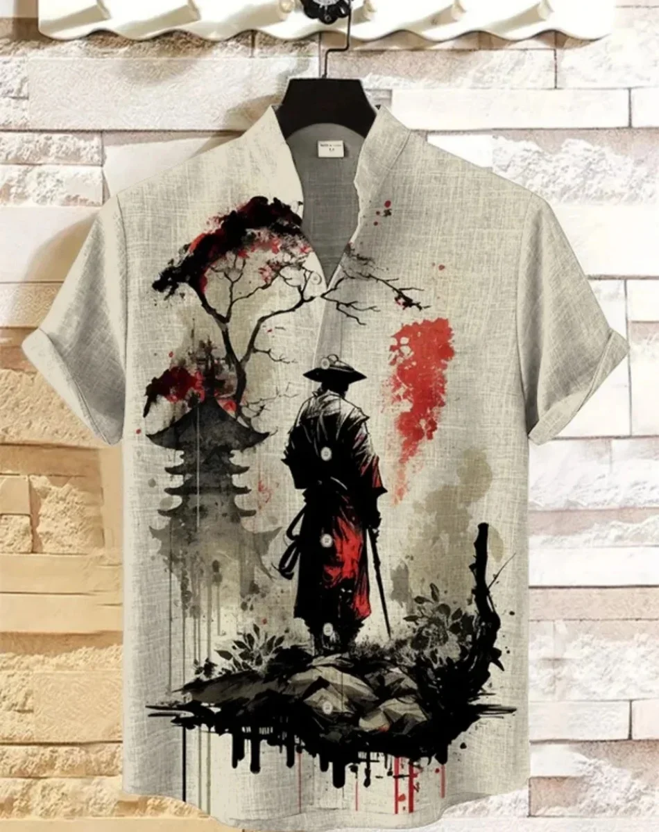 

Men's summer short sleeved shirt, samurai cat shirt, casual short sleeved top, loose and fashionable hot selling retro shirt
