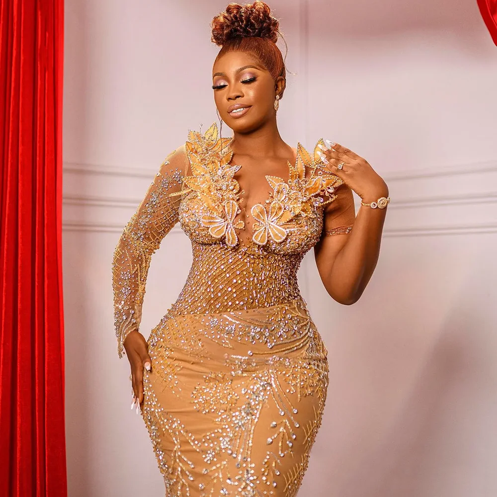 麻生エビ プロムドレス ゴールド マーメイド プロムドレス イリュージョン イブニング フォーマル ガウン シアー ネック 長袖 ビーズ レース 誕生日 二次レコード