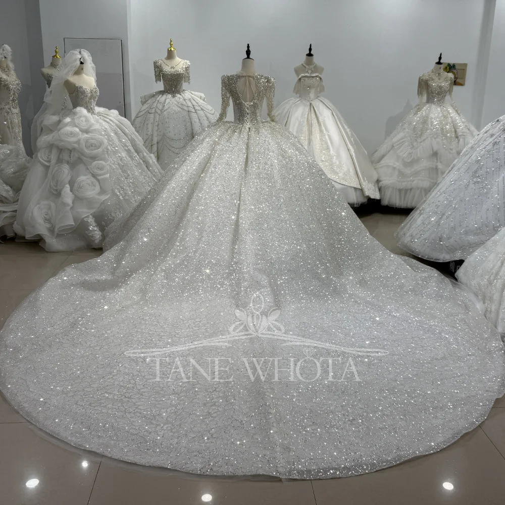 웨딩드레스 하이 롱 슬리브 크리스탈 스팽글 웨딩드레스 레이스업 키홀 백 맞춤형 볼 가운 신부용