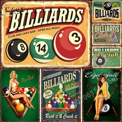 Retro Billiards Club Tin Sign Cafe Bar Beer Pub Snacks Wall Art Decoration Man Cave Vintage Metal Tin Signs Paintings Plates