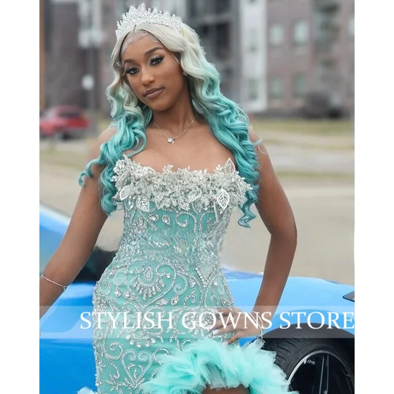 Luxo babados vestidos de baile para meninas negras 2025 flores miçangas split vestido de festa roupa de aniversário robe alta costura personalizado