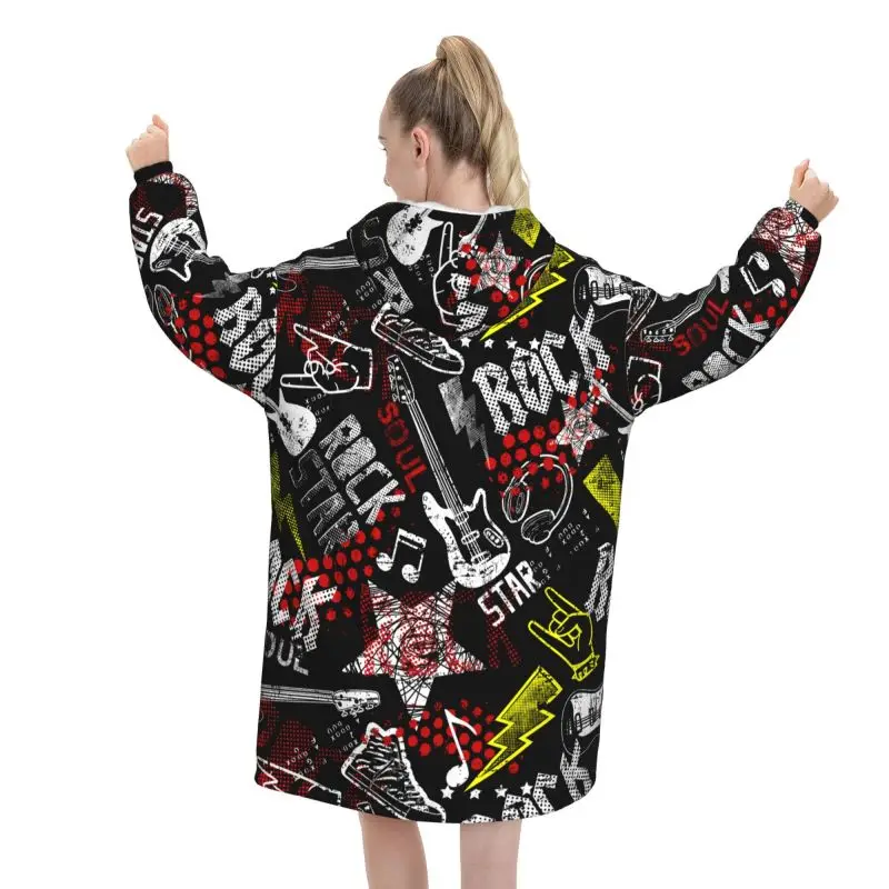 Punk Rock Style Guitar Pattern Wearable Blanket Hoodie Women Warm Cozy Lightweight Fleece Blankets Oversized Pullover Sweatshirt