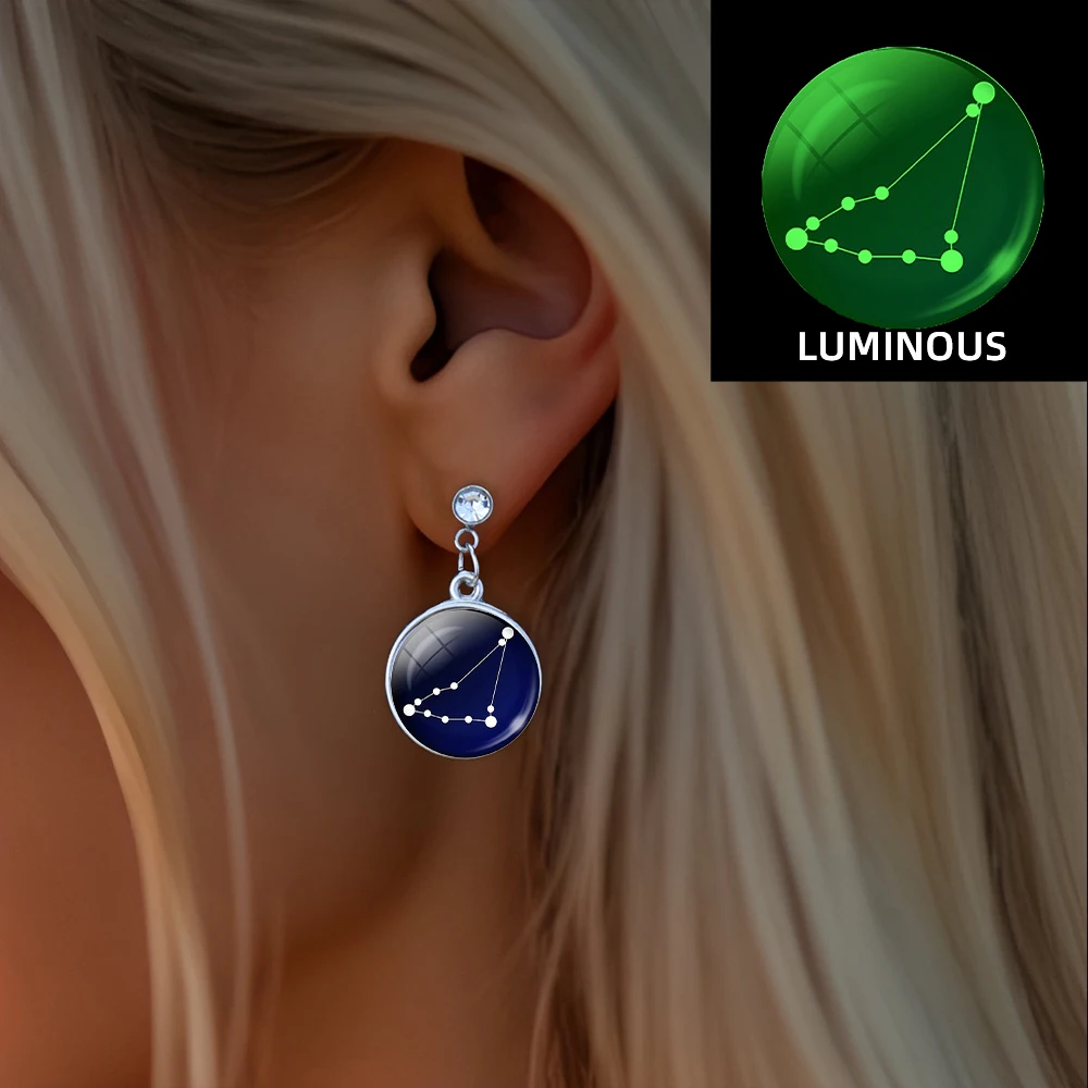 12 zodiac signs Earrings Constellation Star Orbit Luminous Glass Dome Eardrop Neutral Sparkling Single Rhinestone Stud Earrings