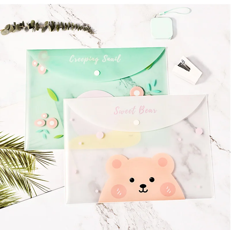 4pcs Buckle A4 File Bag Cartoon Illustration Student Test Paper Holder Transparent Waterproof and Dustproof Note Storage Bag